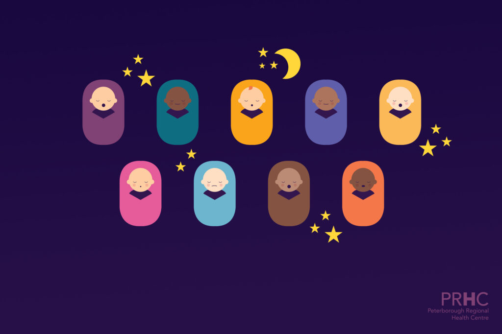 Illustration of nine swaddled sleeping babies.